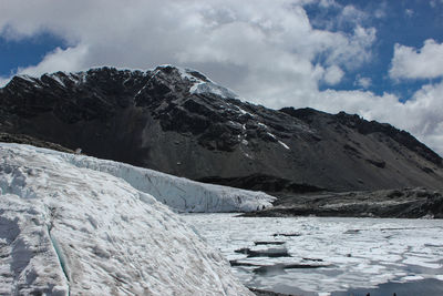 Scenic view of frozen mountains against sky