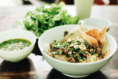 Close-up of salad in bowl on table