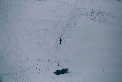 High angle view of snow on field