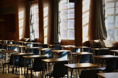 Empty chairs and tables in restaurant