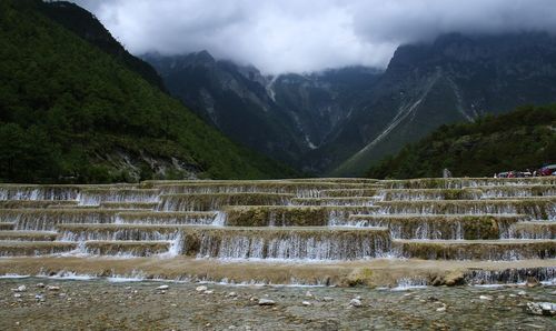 Scenic view of lake against cloudy sky