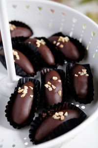 High angle view of chocolates in container