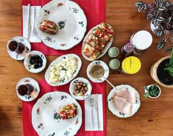 High angle view of food served on table