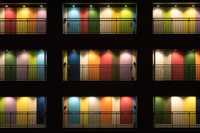Full frame shot of illuminated lights in balcony at night