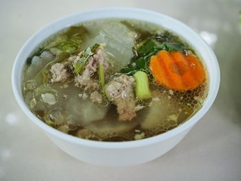 High angle view of soup in bowl on table