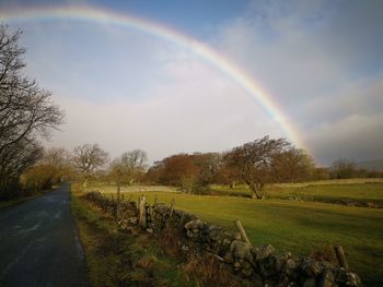 Scenic view of rainbow over field against sky