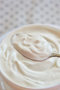 High angle close-up of yogurt on bowl