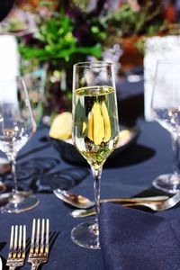 Close-up of wine in glass on table