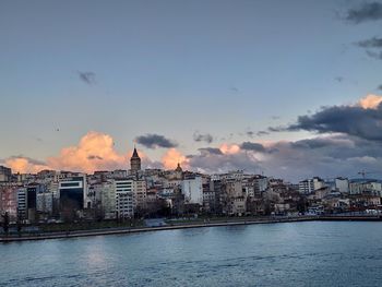 River by buildings against sky at sunset