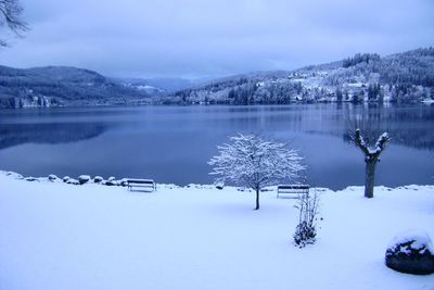 Scenic view of snow covered mountains