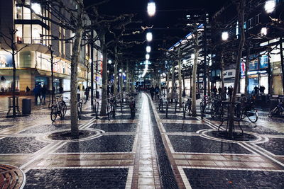 Illuminated cobbled street in city at night