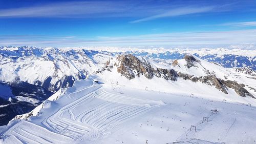 Scenic view of snow covered mountains against sky