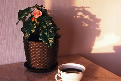 Close-up of flower vase ang coffee on table at home