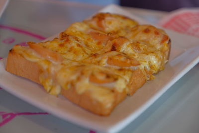 High angle view of bread in plate on table