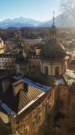 High angle view of townscape against sky in town