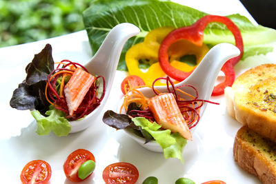 High angle view of meal served on table