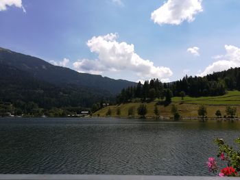 Scenic view of river by mountains against sky