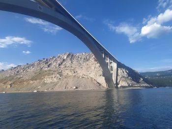 Bridge over mountain against sky