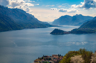 A view of lake como, photographed in san rocco, with bellagio, mountains and two branches of lake.