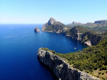 Panoramic view of bay against clear sky