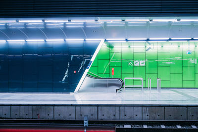 View of empty seats in subway station platform