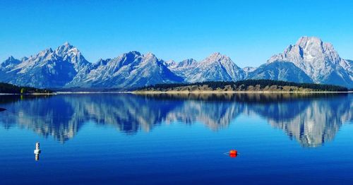 Scenic view of lake and mountains against clear blue sky