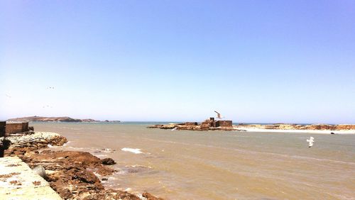 Scenic view of sea against clear blue sky