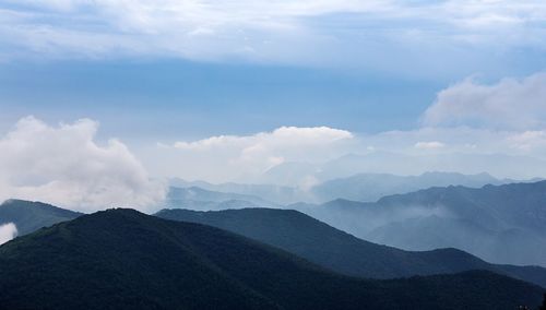 Scenic view of mountains against cloudy sky