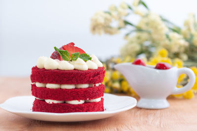 Close-up of dessert served on table