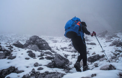 Rear view of person on snowcapped mountains during winter