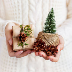 Cropped hand of woman holding christmas tree