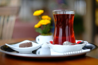 Close-up of breakfast in glass on table