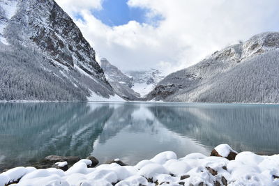 Scenic view of lake and mountains against sky