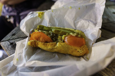 Close-up of a delicious chicago dog 