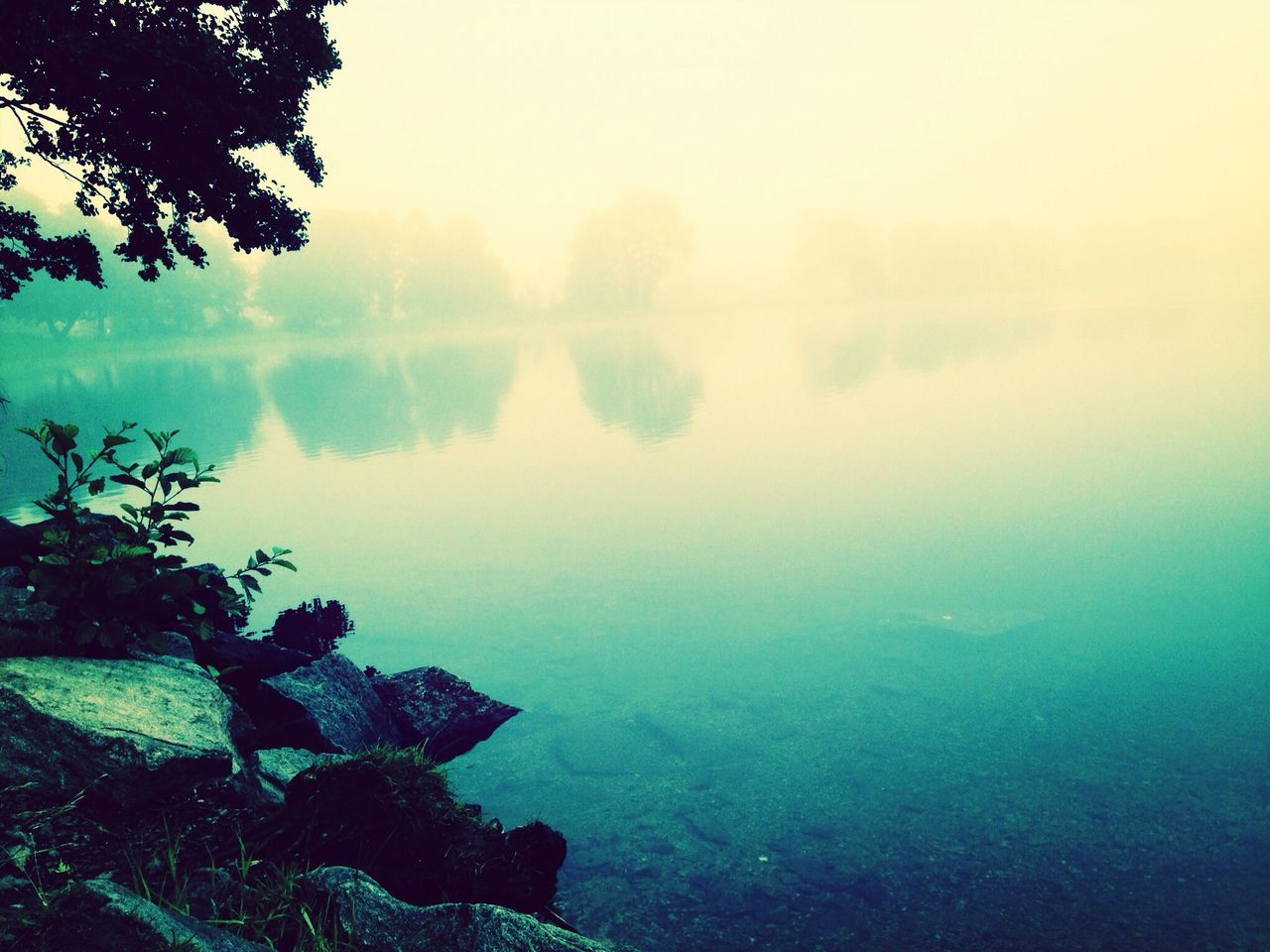tranquil scene, tranquility, scenics, beauty in nature, water, tree, sky, nature, rock - object, idyllic, fog, non-urban scene, lake, reflection, landscape, outdoors, day, remote, calm, no people