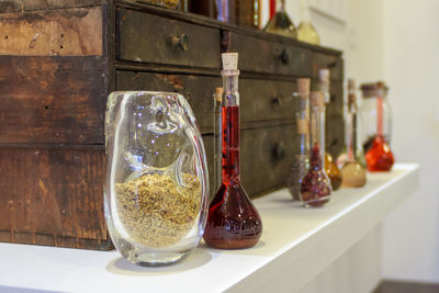 Close-up of bottles on table