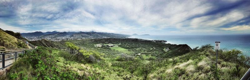 Panoramic view of sea and mountains against sky