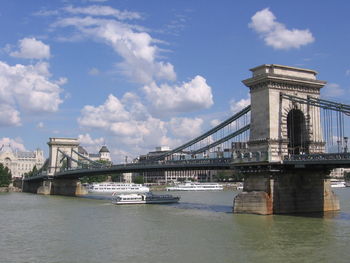 View of bridge over river against cloudy sky