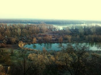 Scenic view of lake in forest against sky