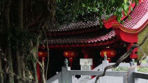 Red lanterns hanging in temple