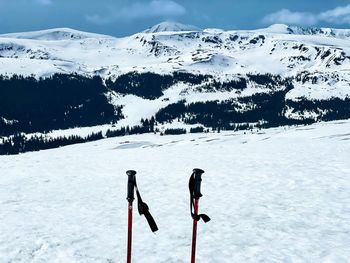 Trekking poles and snowcapped mountains in the background