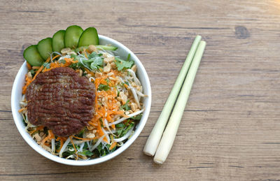 High angle view of food in bowl on table