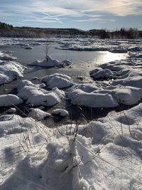 Scenic view of snow covered field against sky