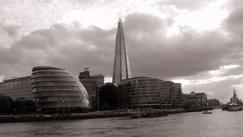 City at waterfront against cloudy sky
