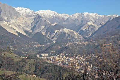 Aerial view of snowcapped mountain against sky