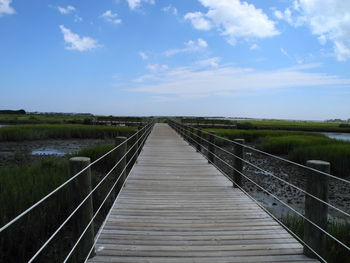 Boardwalk amidst landscape against sky