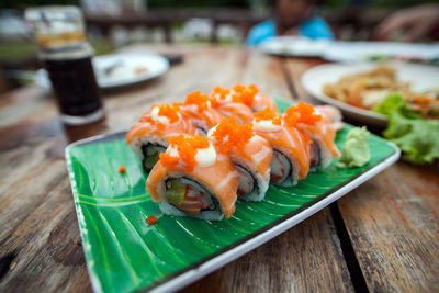 Close-up of sushi in plate on table