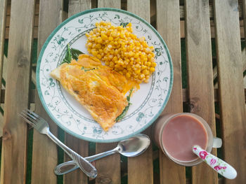 High angle view of breakfast served on table