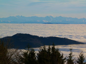 Scenic view of sea and mountains against sky