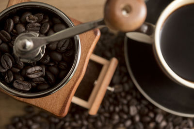 High angle view of coffee cup on table